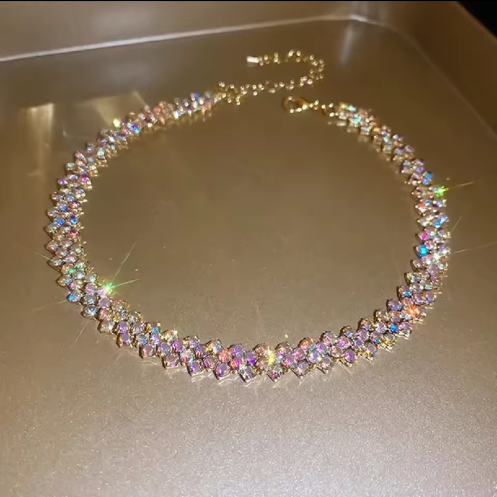 Sparkle Pop Gold Plated CZ Aurora Borealis AB Multicolor Crystal Necklace Choker